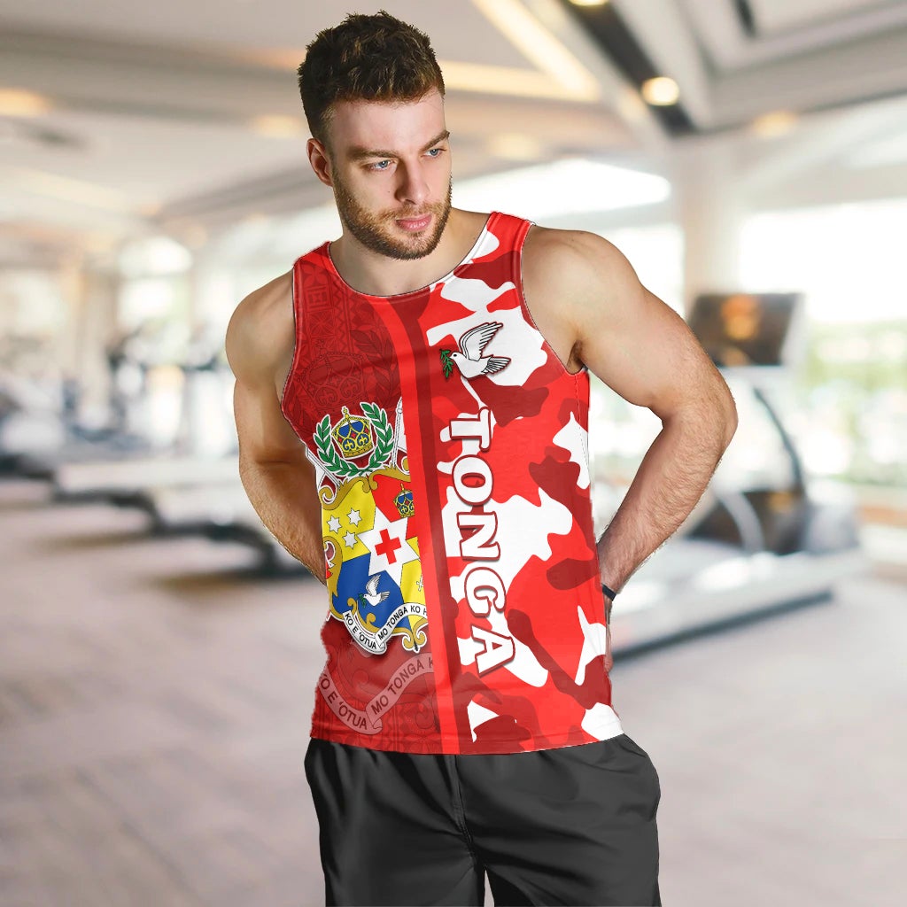 Red Tongan camo tank top with vertical TONGA text and bird crest