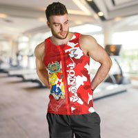 Red Tongan camo tank top with vertical TONGA text and bird crest