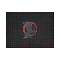 Odin’s Raven tapestry with circular red runic ring and gray raven silhouette