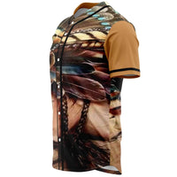 Side view baseball jersey with Native American artwork, black button placket, multicolor