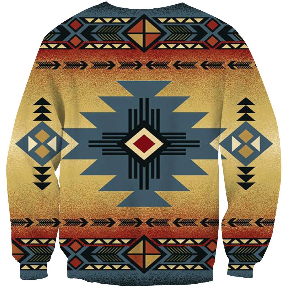 Blue Diamond Triangles 3D sweatshirt, central starburst motif, patterned sleeves, multicolor
