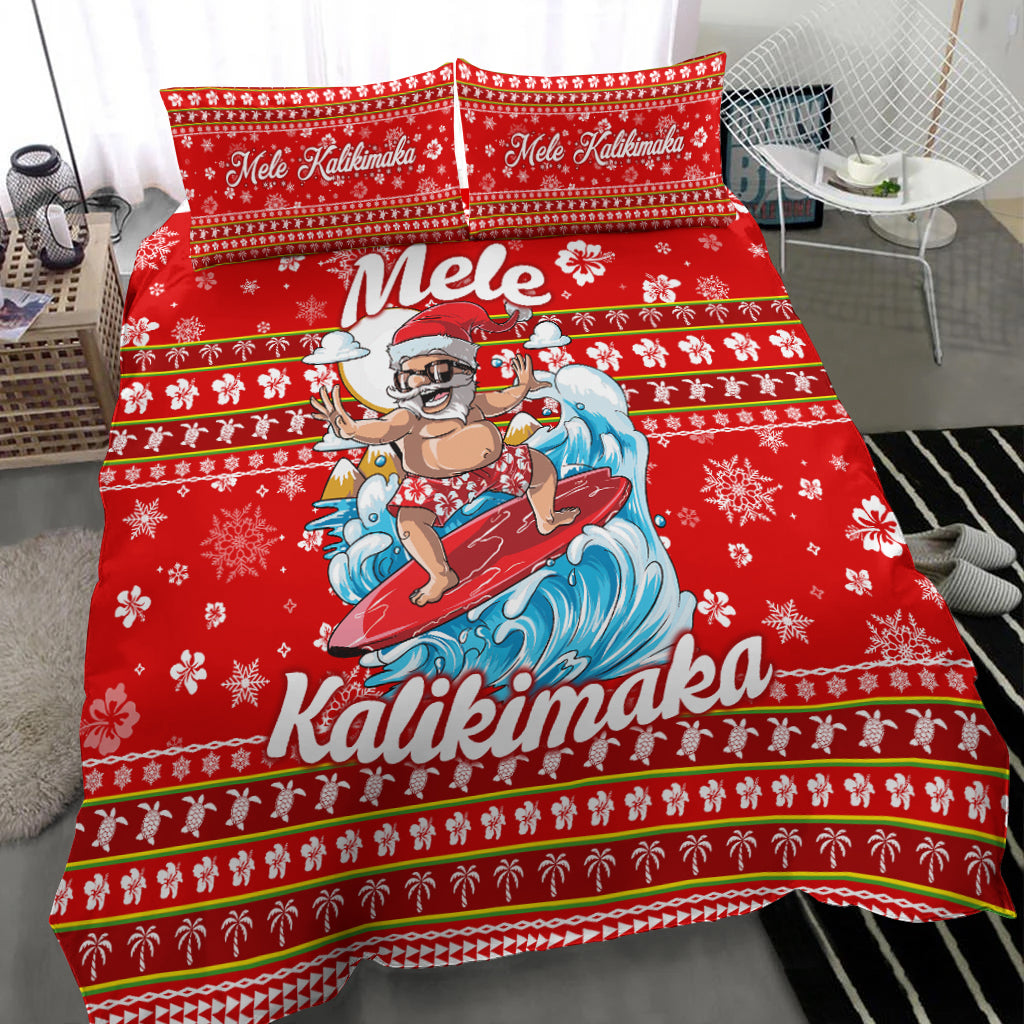 Red duvet with surf Santa on blue waves and large 'Kalikimaka' text; 2 pillowcases