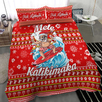 Red duvet with surf Santa on blue waves and large 'Kalikimaka' text; 2 pillowcases