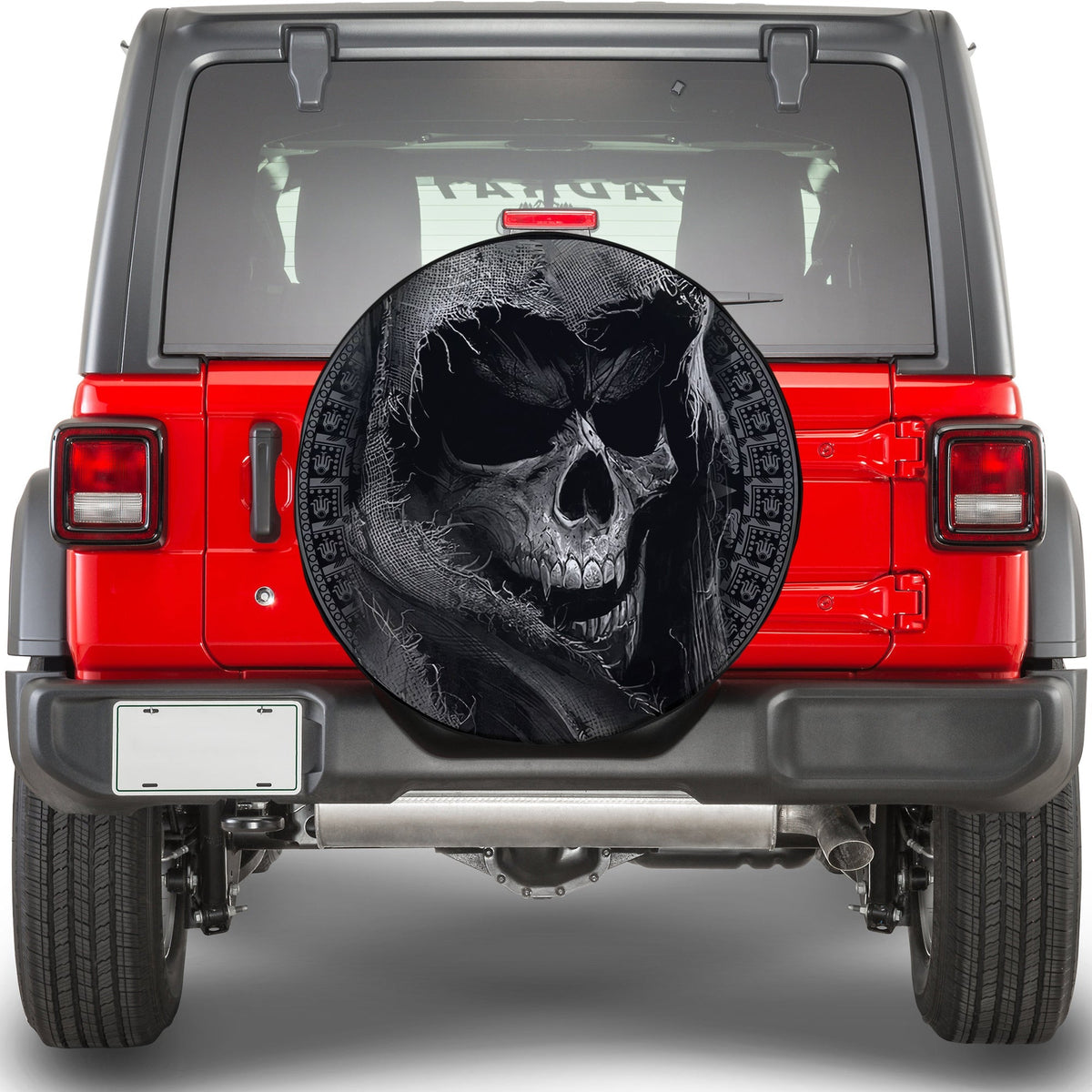 Spare tire cover with black Aztec skull graphic