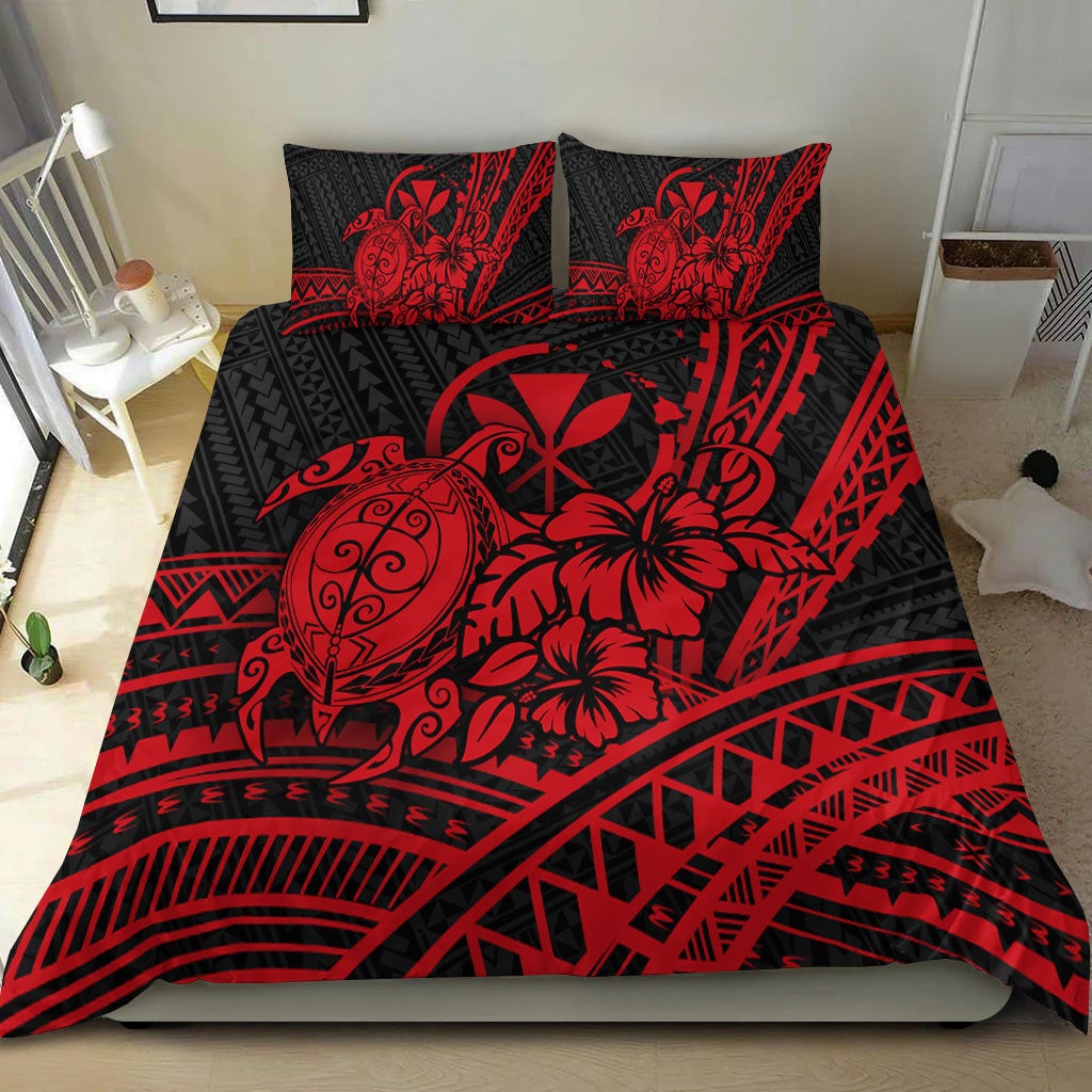 Red-and-black Hawaiian turtle, hibiscus tribal bedding set with two pillowcases
