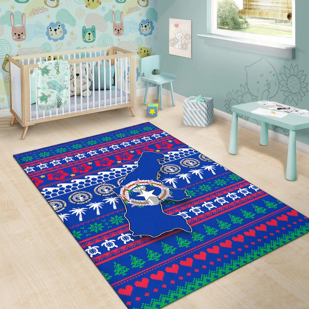 Blue Christmas area rug with Northern Mariana Islands map, wreath emblem, hearts and tree