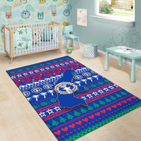 Blue Christmas area rug with Northern Mariana Islands map, wreath emblem, hearts and tree