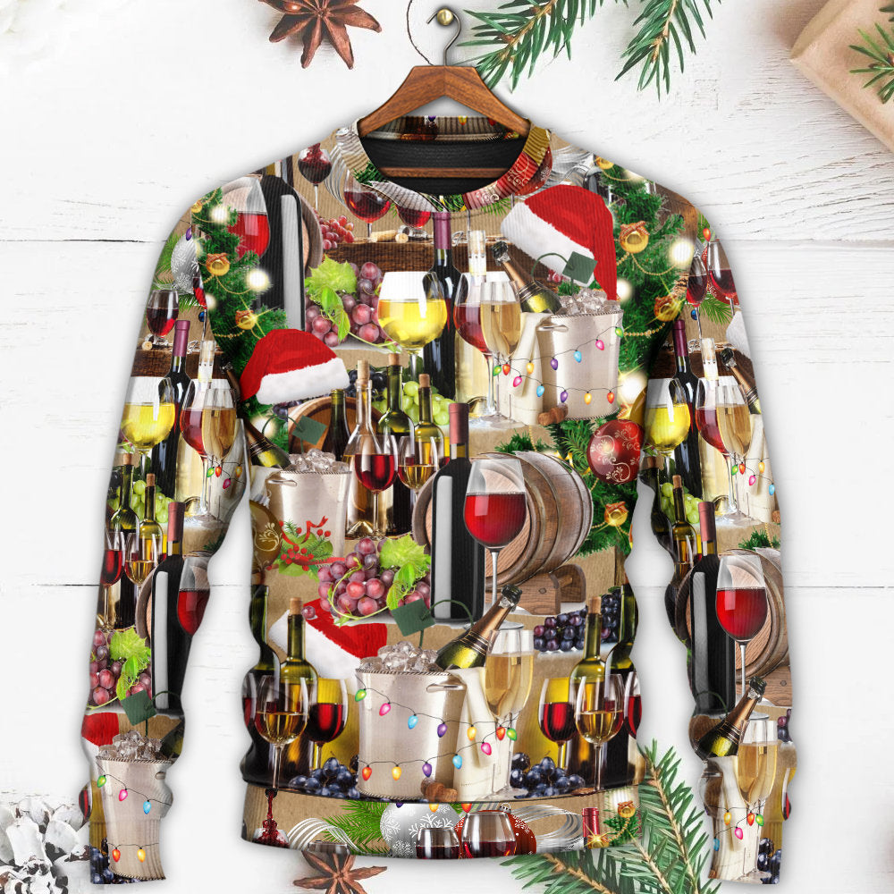 Ugly Christmas wine-themed sweater with red wine glasses, bottle art, and string-light accents
