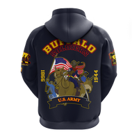 Blue hoodie back with big 'BUFFALO SOLDIERS' text and U.S. Army horseback graphic.