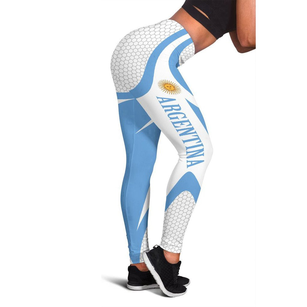 Leggings Argentina estampados blanco y azul, con patrón hexagonal y franjas