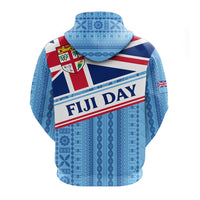 Blue Fiji Day zip hoodie tapa pattern, back view with hood and striped chest graphic