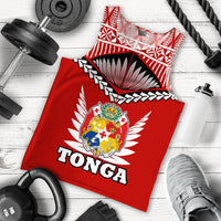 Red Tonga men’s tank top with tribal pattern yoke and crest graphic