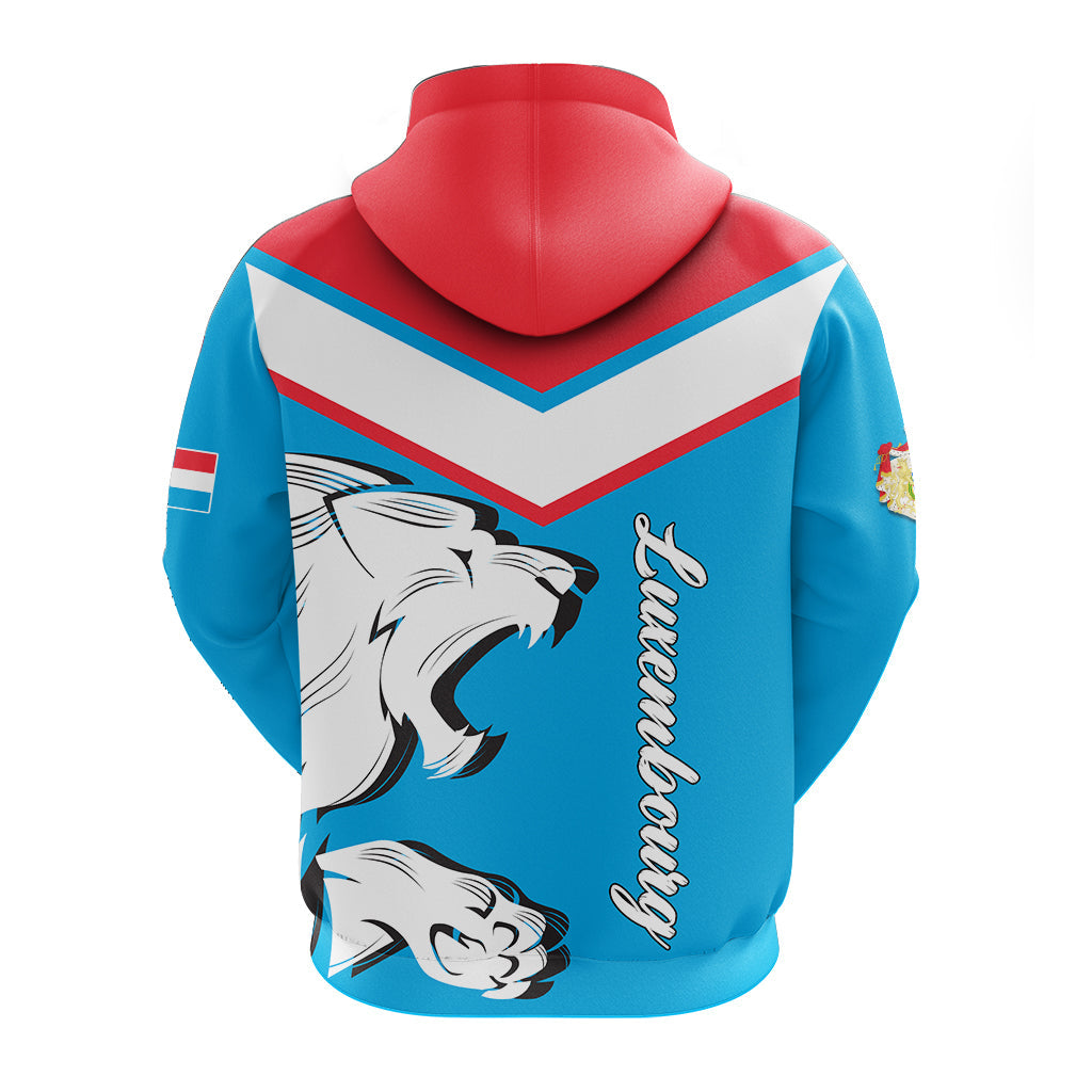 Back view multicolor lion pullover hoodie with red hood, blue body, striped yoke