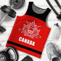 Red Canada hockey tank top flat lay with leaf-and-helmet logo and 'CANADA' text