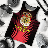 Men's red-and-black graphic tank top with Belgian coat of arms and burst rays