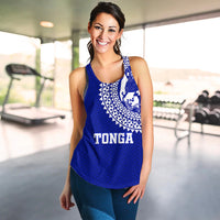 Blue women’s tank top with white TONGA text and patterned yoke panel