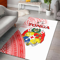 Red and white Tonga area rug with crest emblem and 'TONGA' lettering