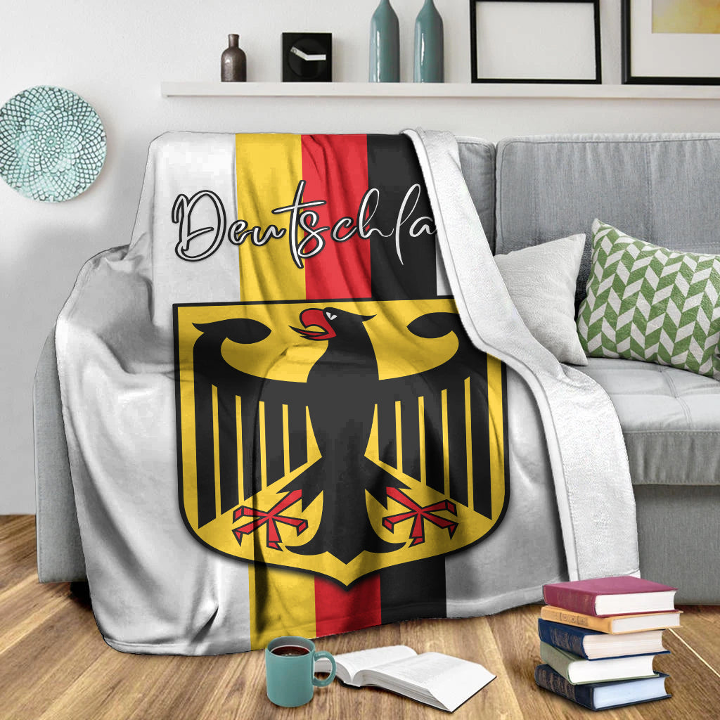 Germany blanket: black eagle crest over yellow-red-black stripes, Deutschland script