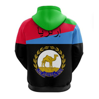 Eritrea flag pullover hoodie back graphic, green hood, red/blue stripes over black