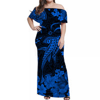 Off-shoulder long dress in black and blue floral tribal print