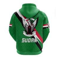 Green pullover hoodie back: large Sudan emblem, hood and flag-stripe diagonal panel