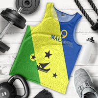 Malampa flag tank top flat lay with blue trim; green/yellow/blue print