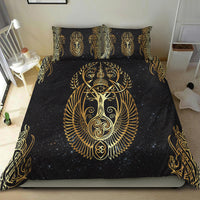 Black bedding set showing gold Odin emblem on duvet with two matching rune pillows