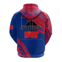 Blue zip hoodie back view with red Samoan pattern and F.A.S.T text