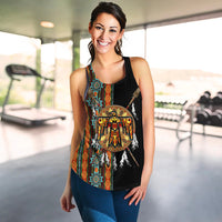 Black sleeveless tank top with colorful stripe and central bird dreamcatcher artwork
