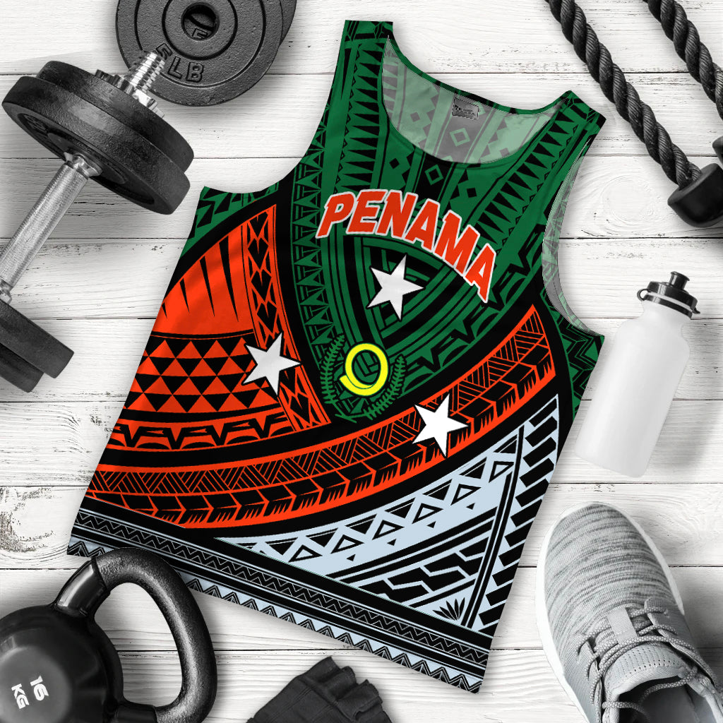Men's tank top, green tribal print with orange/white accents and 'PENAMA' stars