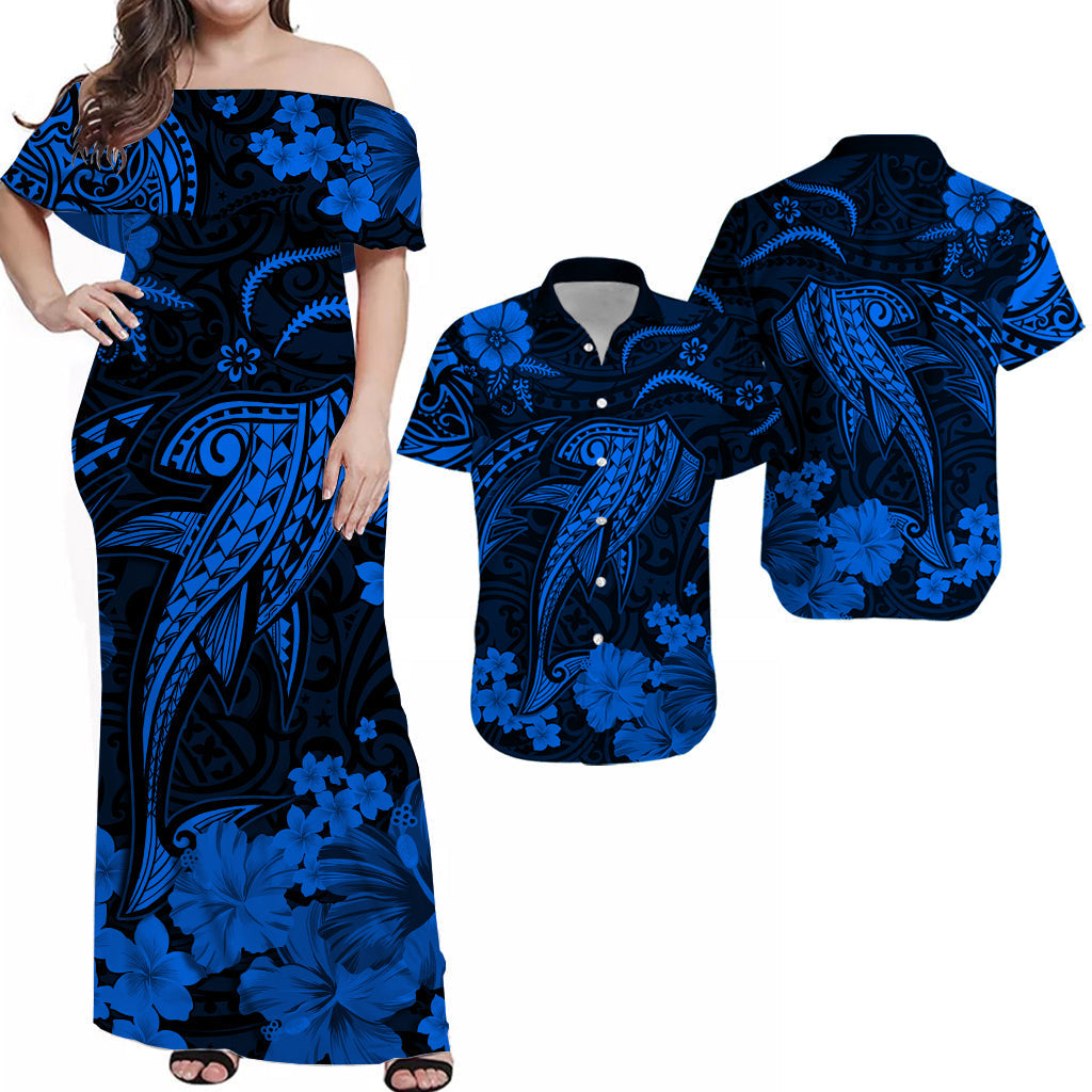 Matching Hawaiian dress & shirt set, blue floral tribal print on dark base