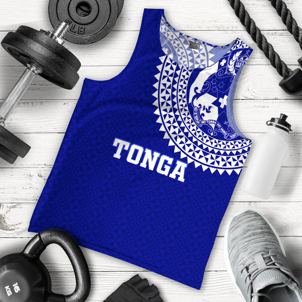Blue men’s tank top with Tonga lettering and Tongan patterned chest panel