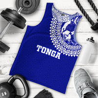Blue men’s tank top with Tonga lettering and Tongan patterned chest panel