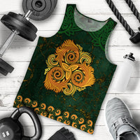 Green men’s tank top with triple-spiral Celtic ornament, front design