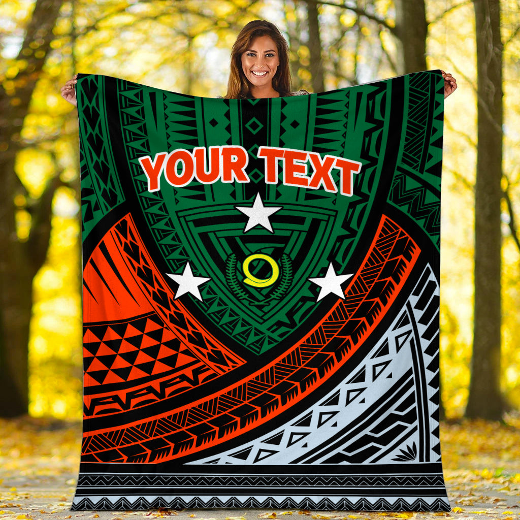 Large personalised blanket with “YOUR TEXT”, green panel, orange zigzags, black-and-white border