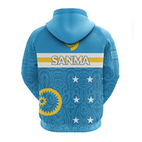 Blue pullover hoodie back view with SANMA text, stars, gear emblem, patterned fabric