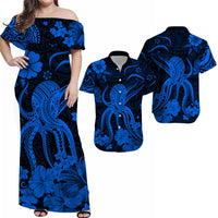 Blue off-shoulder maxi dress and matching short-sleeve shirt, octopus & floral tribal print