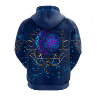 Blue pullover hoodie back view with large neon moon emblem and celtic pattern