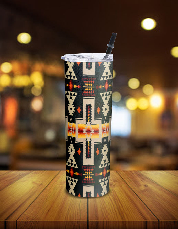 Skinny tumbler with Native tribal multicolor pattern, clear lid and straw