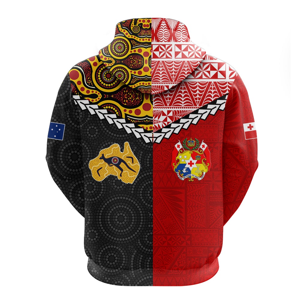 Red and black pullover hoodie with Aboriginal patterns, Australia flag patch, coat-of-arms