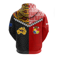 Red and black pullover hoodie with Aboriginal patterns, Australia flag patch, coat-of-arms