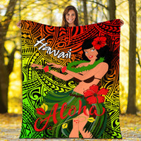 Hula girl Hawaiian blanket with green/yellow tribal print, red flowers, and “Aloha” text