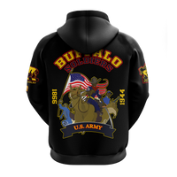 Black pullover hoodie back: Buffalo Soldiers crest and U.S. Army banner graphic