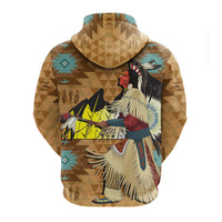 Tan zip-up hoodie with Native chief back graphic, hood and shoulders view