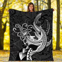 Black Polynesian shark tattoo blanket with white floral outline and swirling tribal motifs