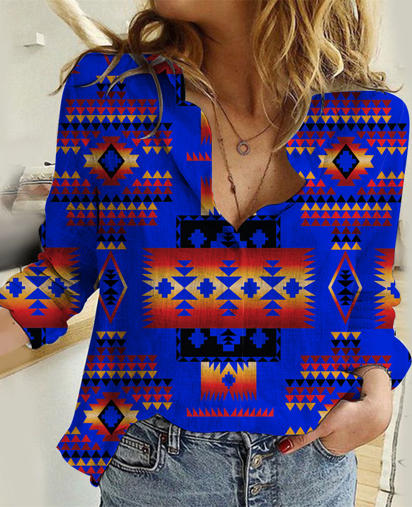 Women's dark blue linen shirt with multicolor native tribal geometric pattern, LT10