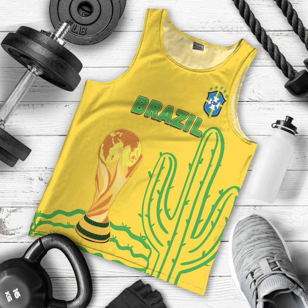 Men's Brazil football tank top in yellow, sleeveless with crew neck and cactus graphic