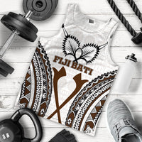 Flat lay: white Fiji Bati tapa pattern tank top with front graphic, crew neck