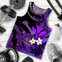 Men's black tank top with purple Hawaiian turtle and plumeria graphic, sleeveless