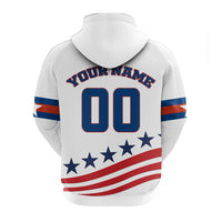 White pullover hoodie back: custom name arc and number 00 with USA flag stars